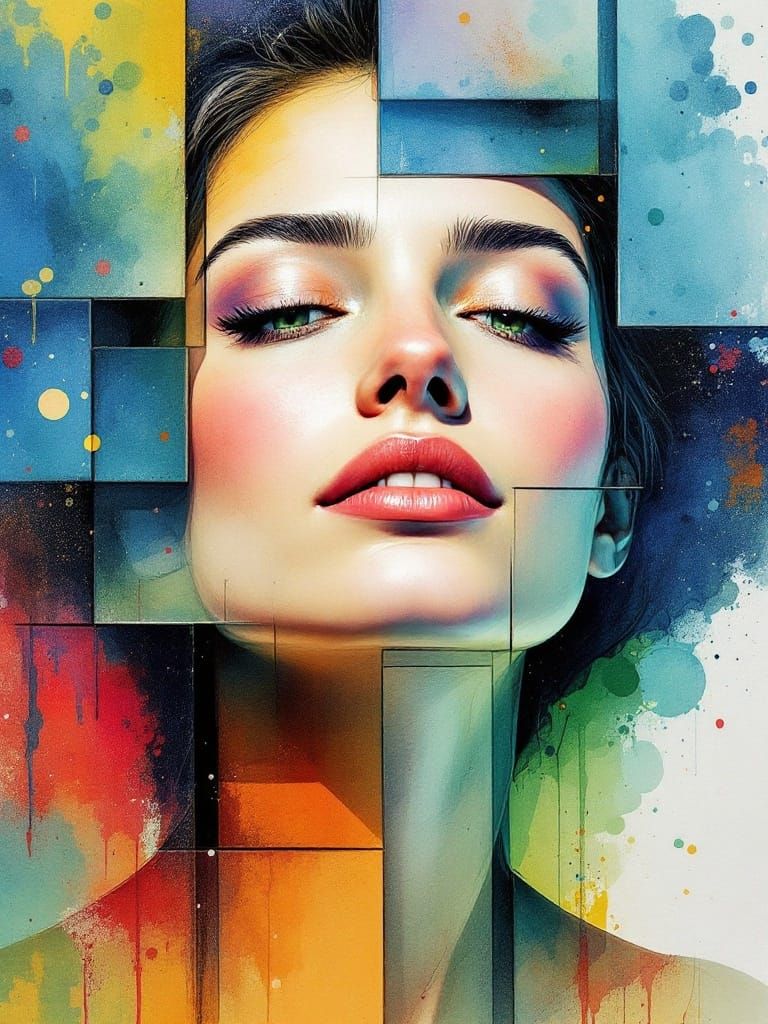 A Serene Woman's Face in Vibrant Geometric Cubes