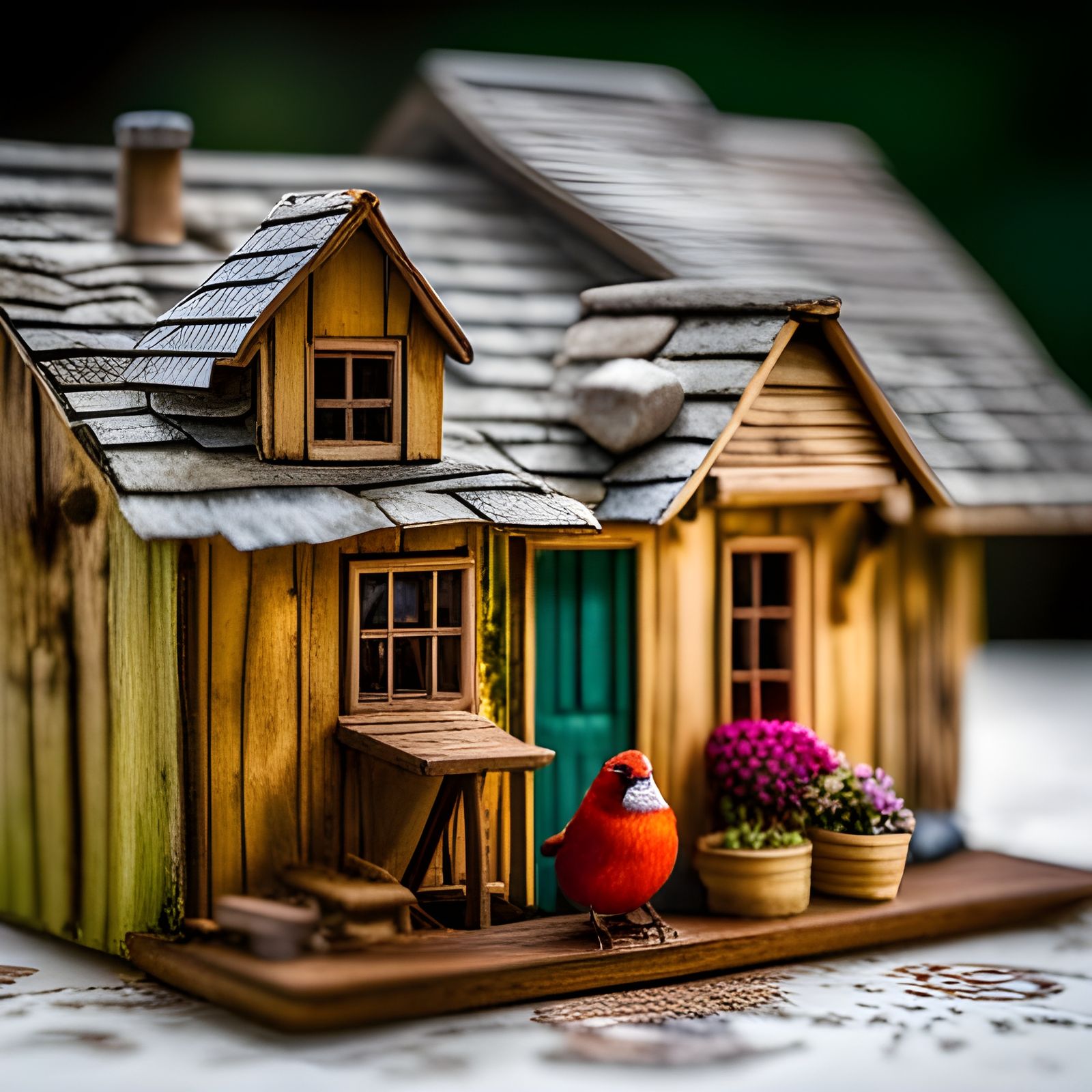 Bird on Intricate Miniature Dollhouse in 8K