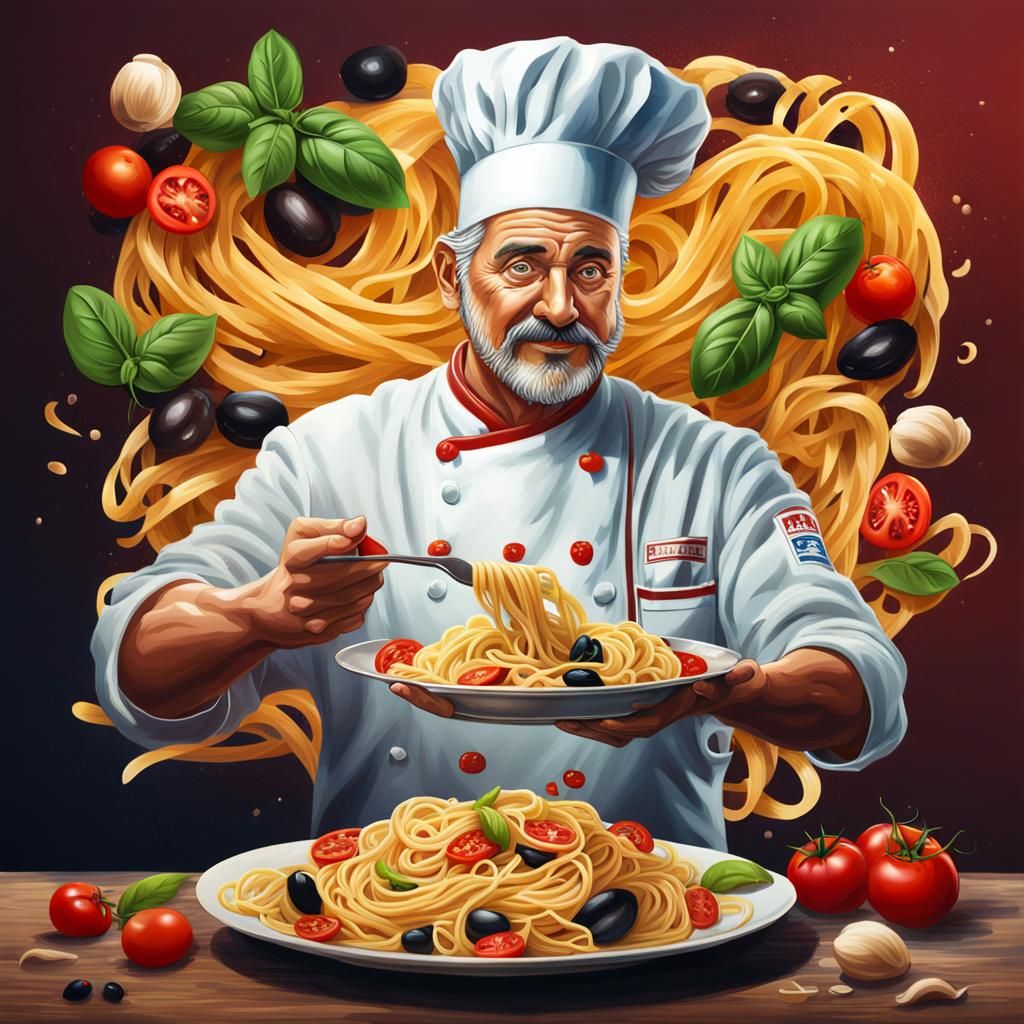 Italian Chef Presents Pasta: Hyperrealistic Concept Art