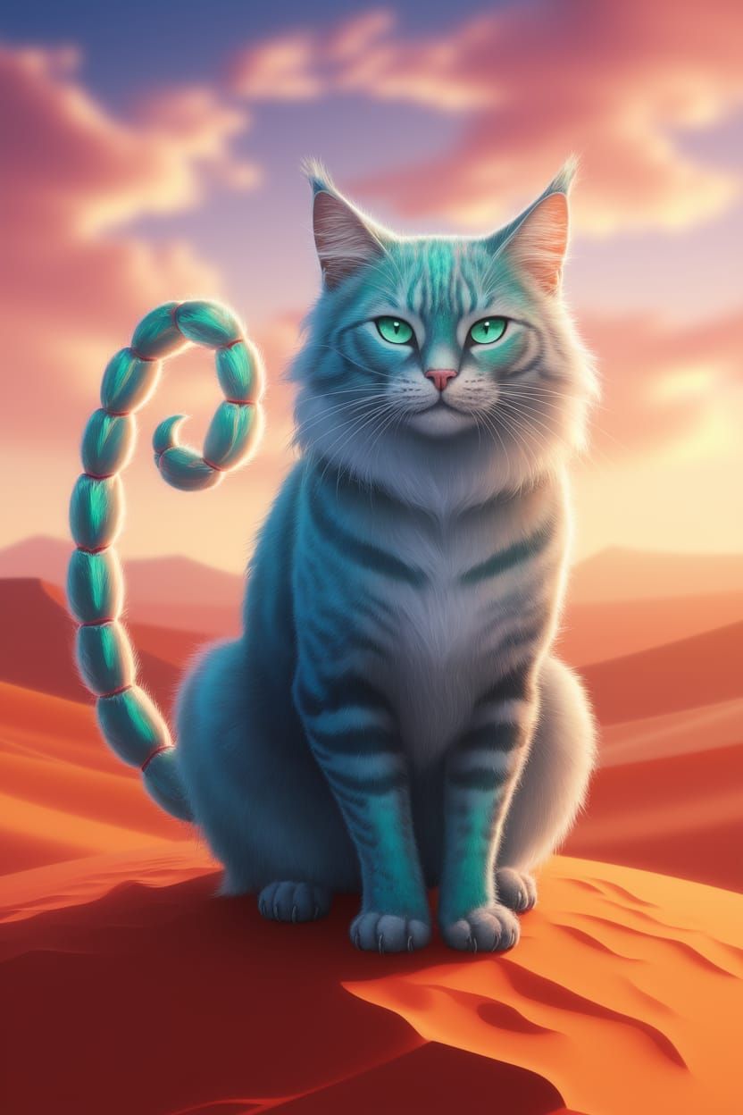 Majestic Iridescent Cat in Sunset Desert Landscape