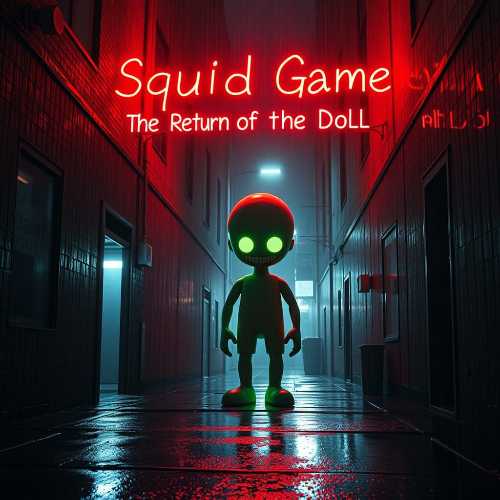 Dark Alley Scene: Red Light Green Light Doll from Squid Game...