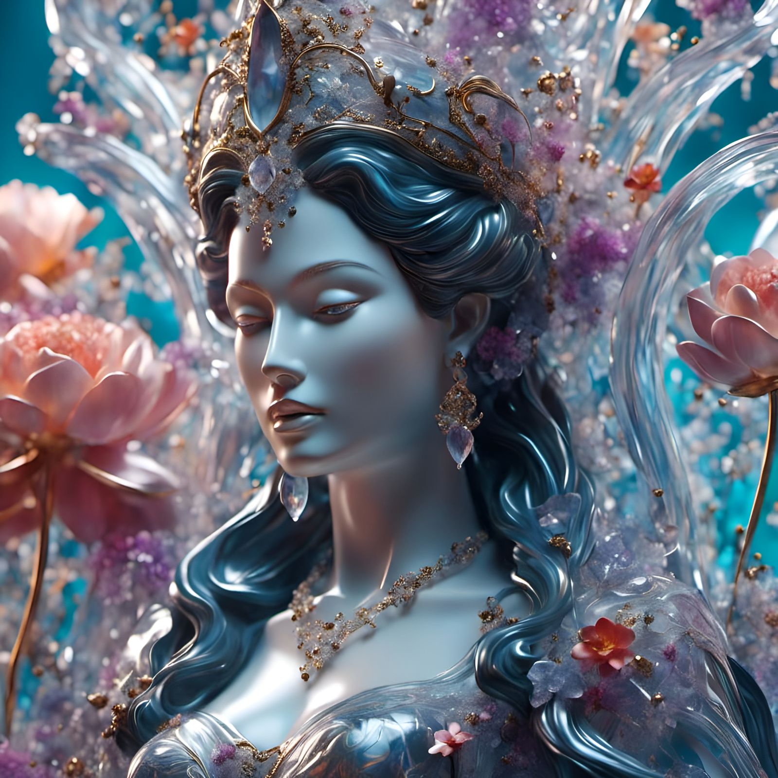 Hyperrealistic Glass Gondola in Lotus Jungle