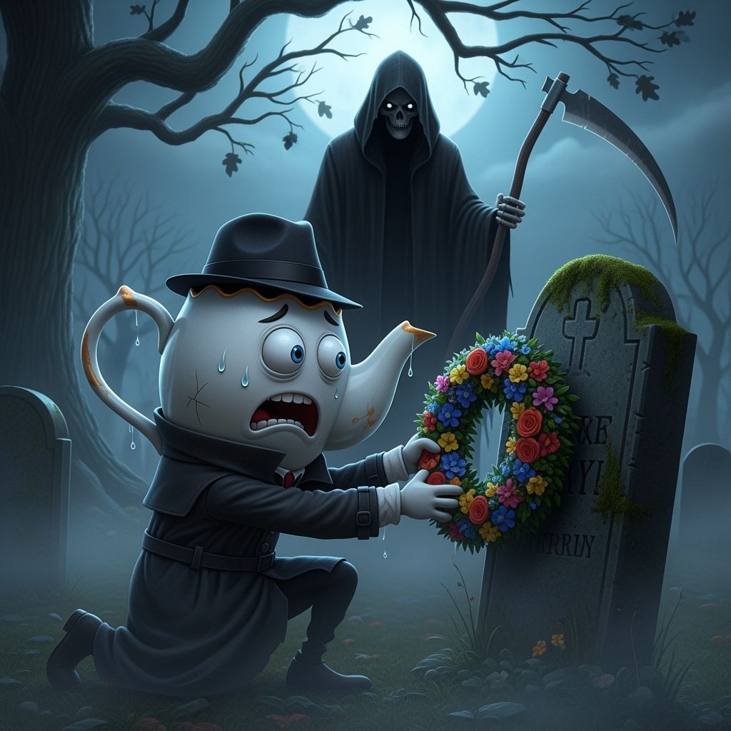 Grim Reaper Confronts Terrified Teapot in Foggy Cemetery
