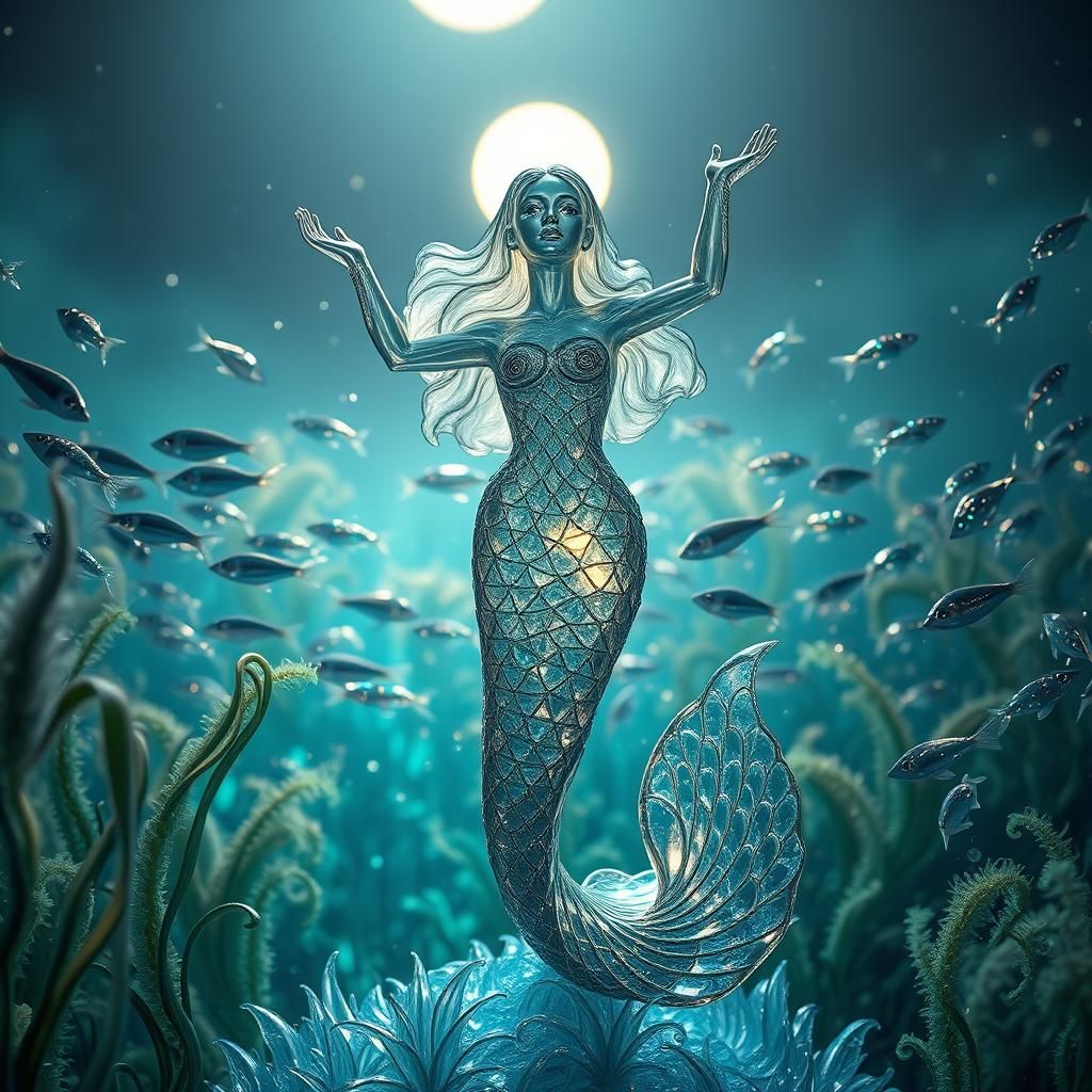 Glass Mermaid Sculpture in Enchanted Ocean