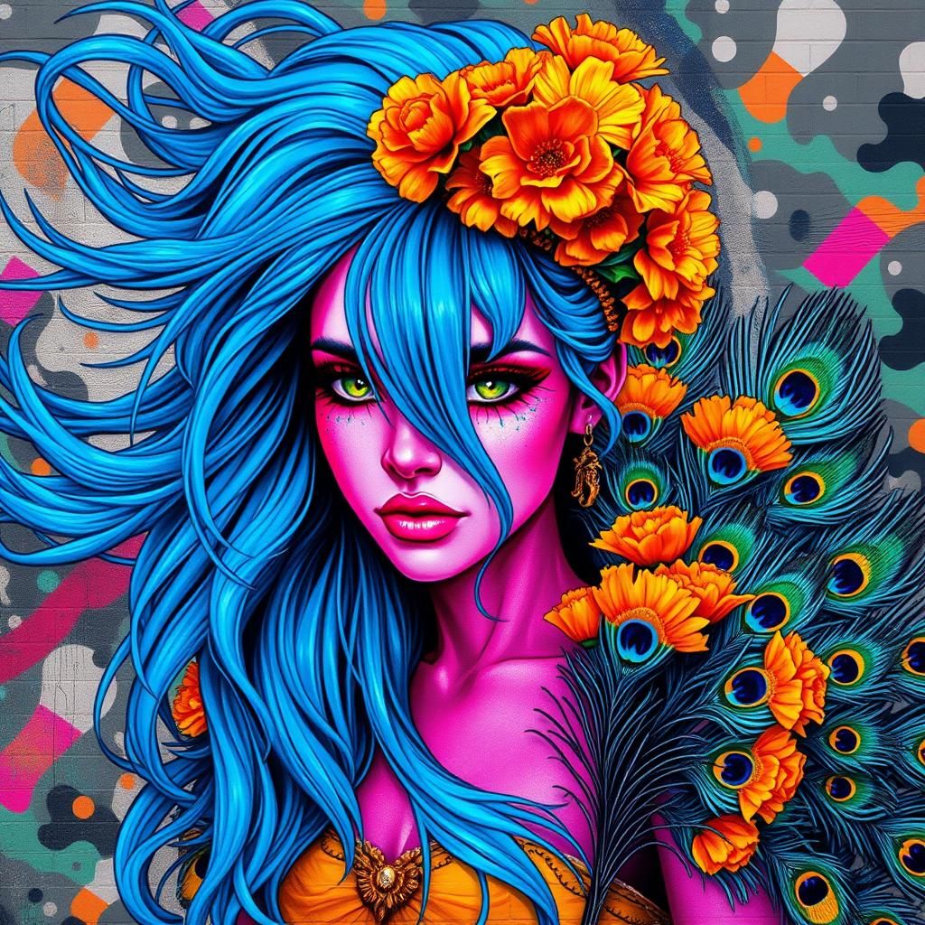 Vibrant Woman with Marigold Crown and Peacock Feathers