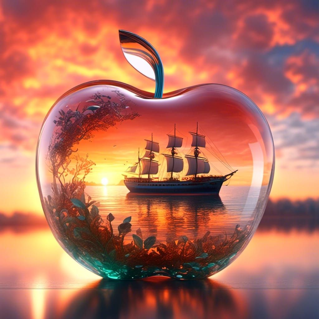 Ship Sails in Translucent Glass Apple at Sunset