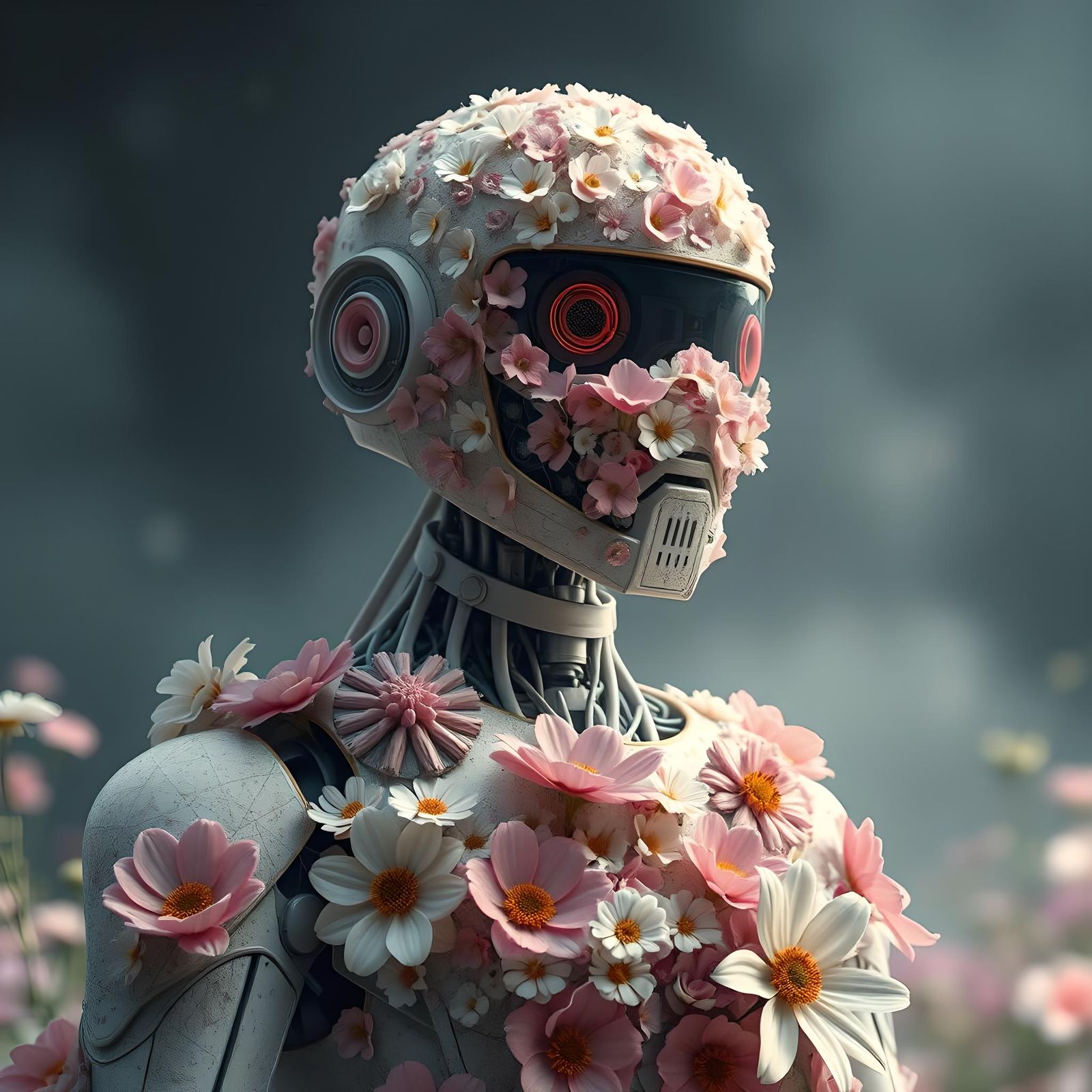 Photorealistic Robot Covered in Flowers