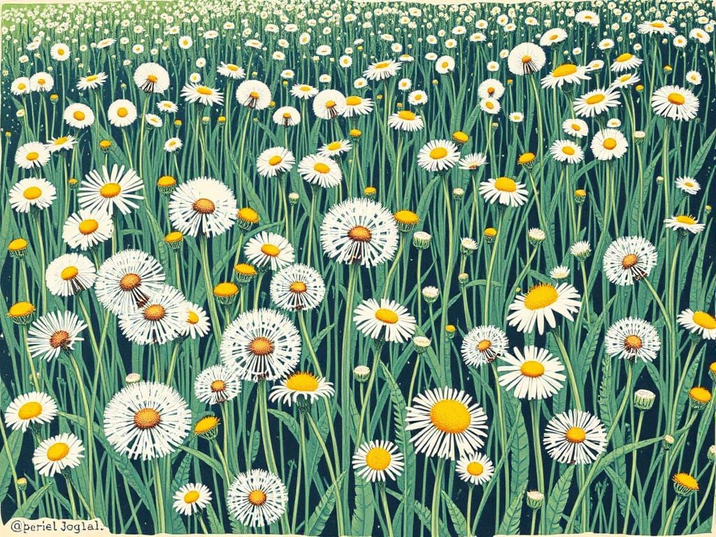 Meadow of Vibrant Dandelions in Whimsical Linocut Style