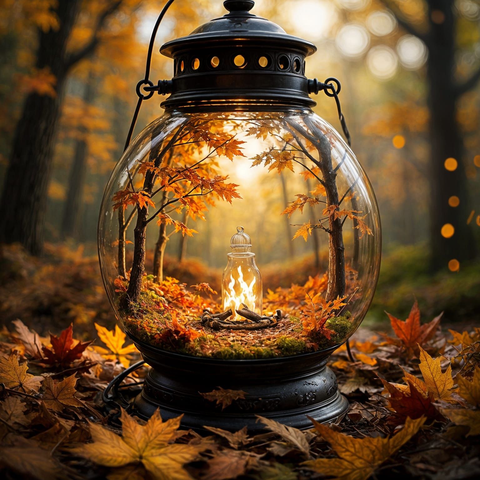 Autumn Forest Inside Lantern, Surreal Art
