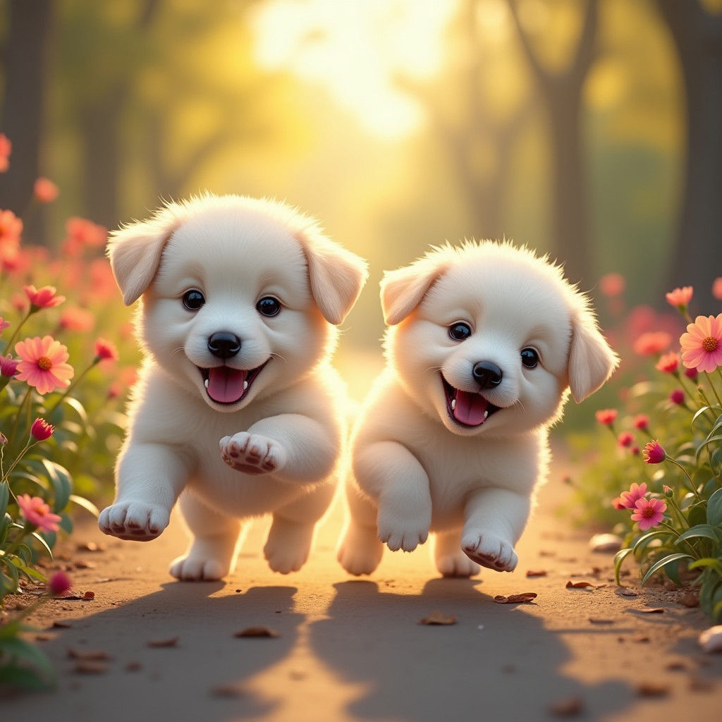 Playful White Puppies in Vibrant Floral Landscape