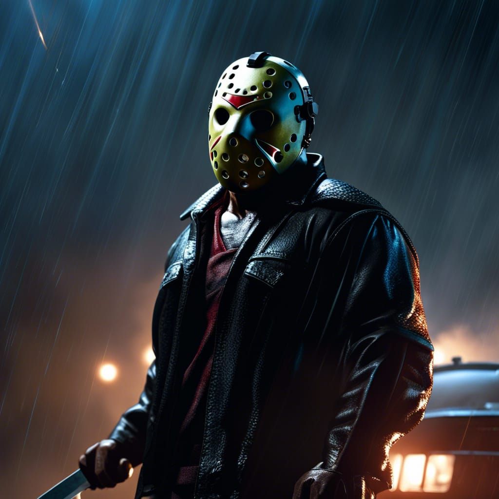 Hyperdetailed Jason Voorhees in a Stormy Horror Scene
