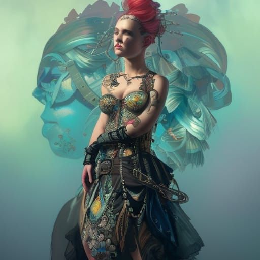 Punk Rock Princess Portrait in Hyperdetailed Art Nouveau Sty...