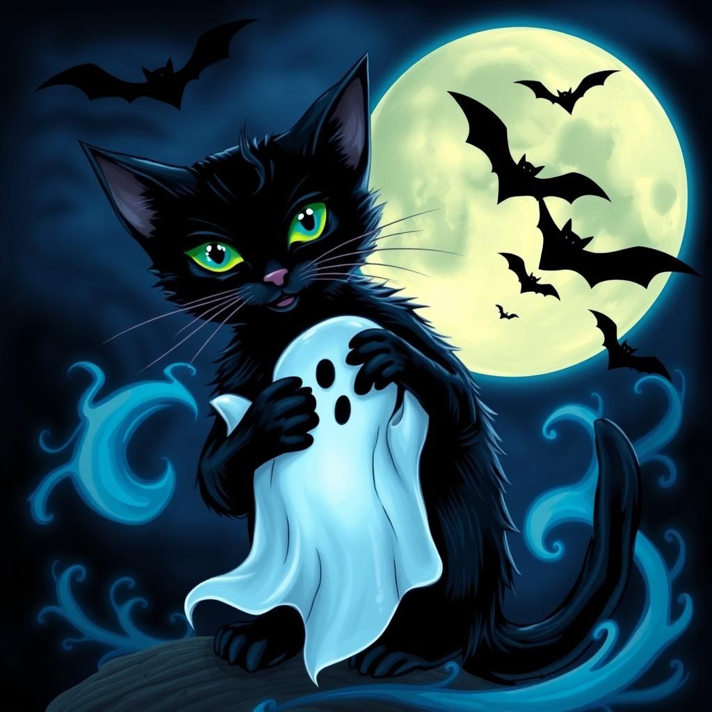 <lora:Bethany Klor:1.0> a black cat holding a ghost ,neon bl...