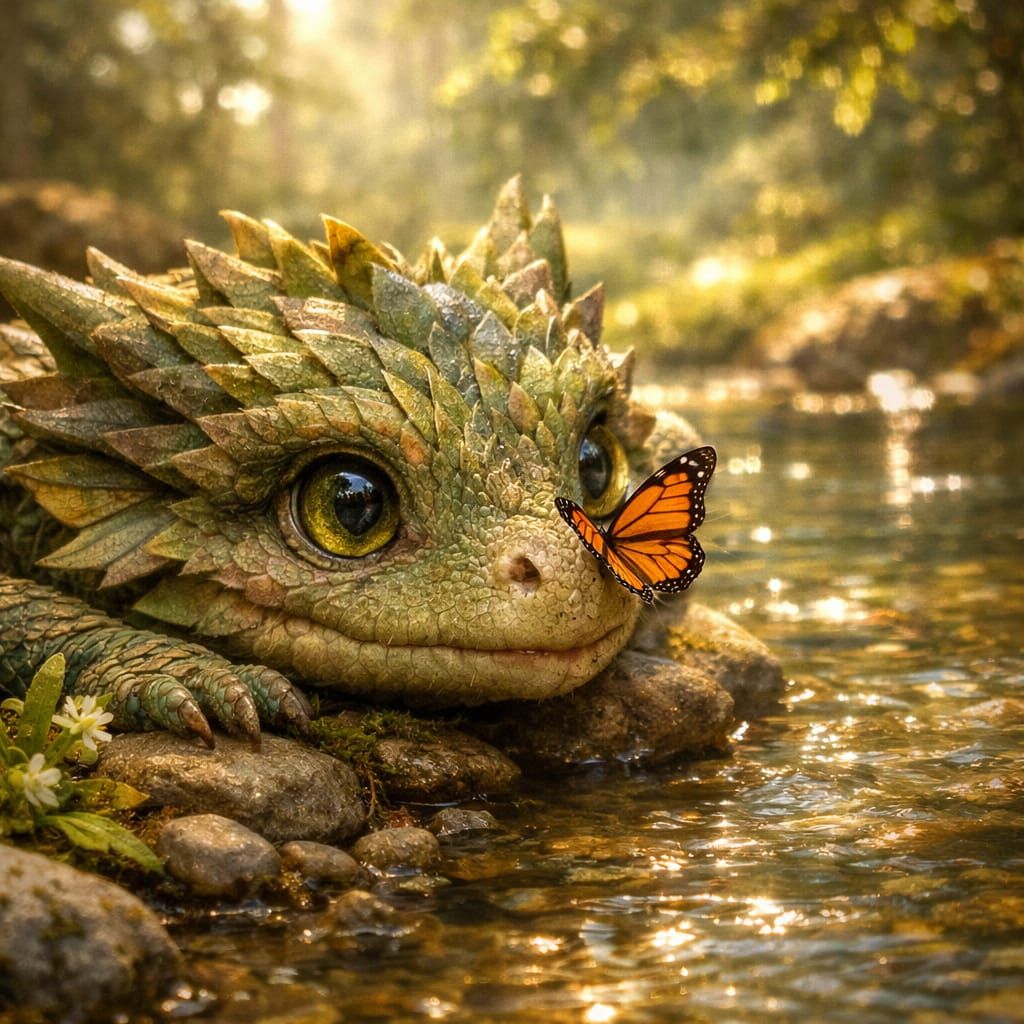 Small Dragon Resting by Stream with Butterfly