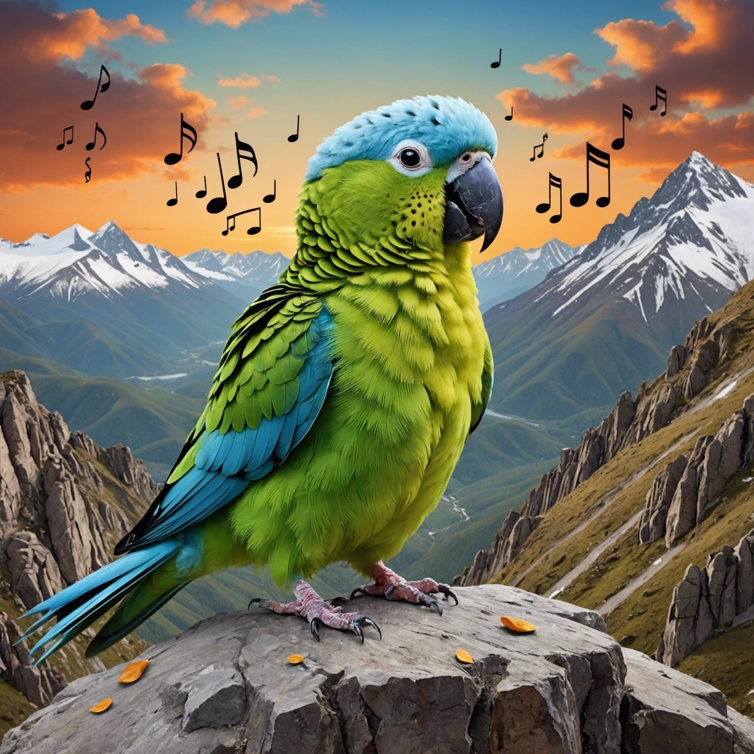Fluffy Parakeet Singing a Song on a Mountain
