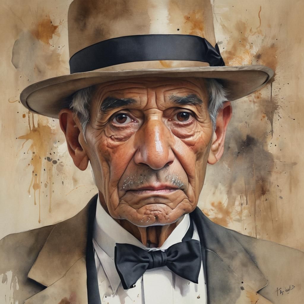 Expressive Watercolor Portrait of Elderly Gentleman in Tuxed...