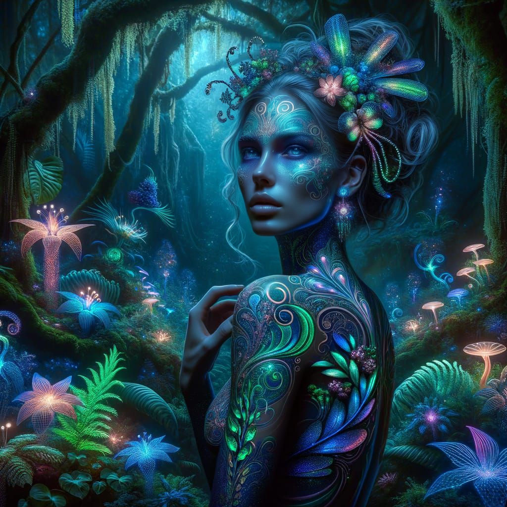 Bioluminescent Woman in Alien Rainforest, in Art Nouveau Sty...