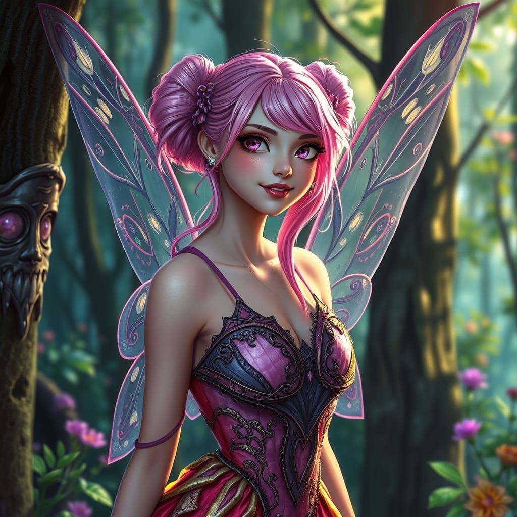 Pink Haired Fairy in Enchanted Forest, Alcohol Ink Style