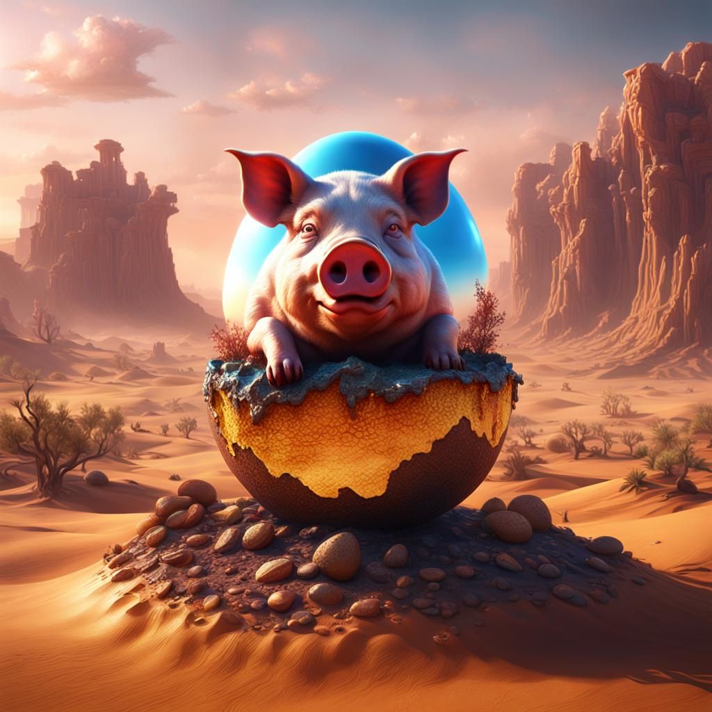 Melting Pig on Desert Egg: Fantasy Concept Art