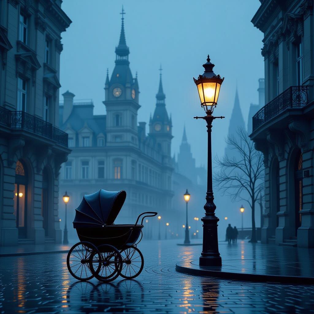 Abandoned Carriage in Melancholic Twilight Cityscape