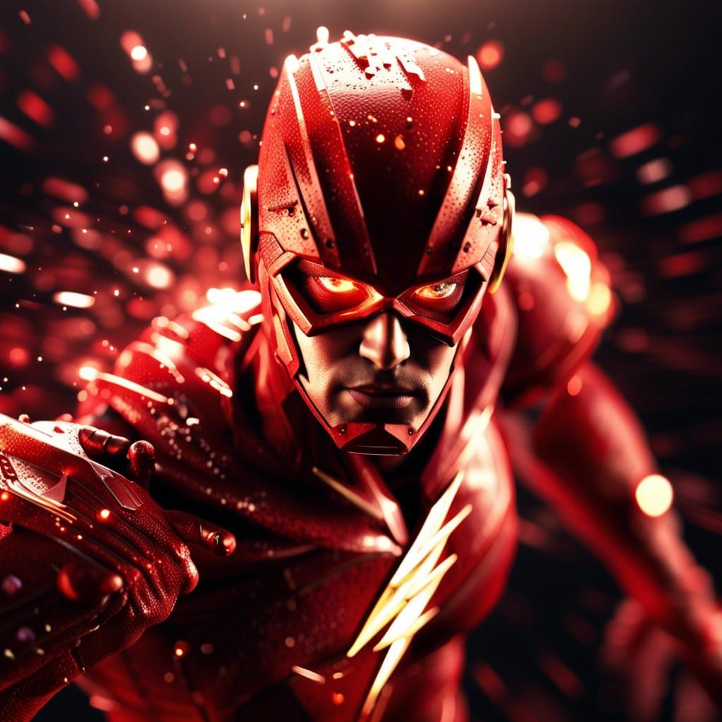 Flash Warrior Disintegrating into Red Energy: Photorealistic...