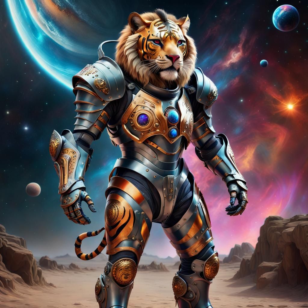 Cyberpunk Tiger Knight in Spacesuit: 8K Resolution