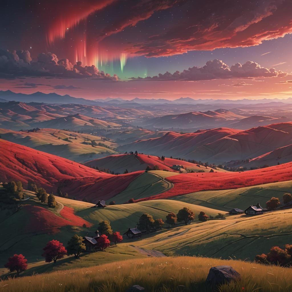 Red Aurora Over Hills: Anime-Inspired 3D Art