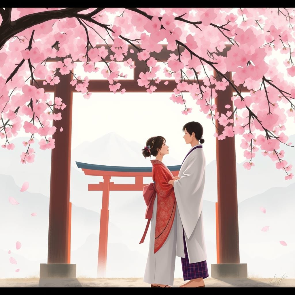 Japanese Couple Under Cherry Blossoms: Digital Painting