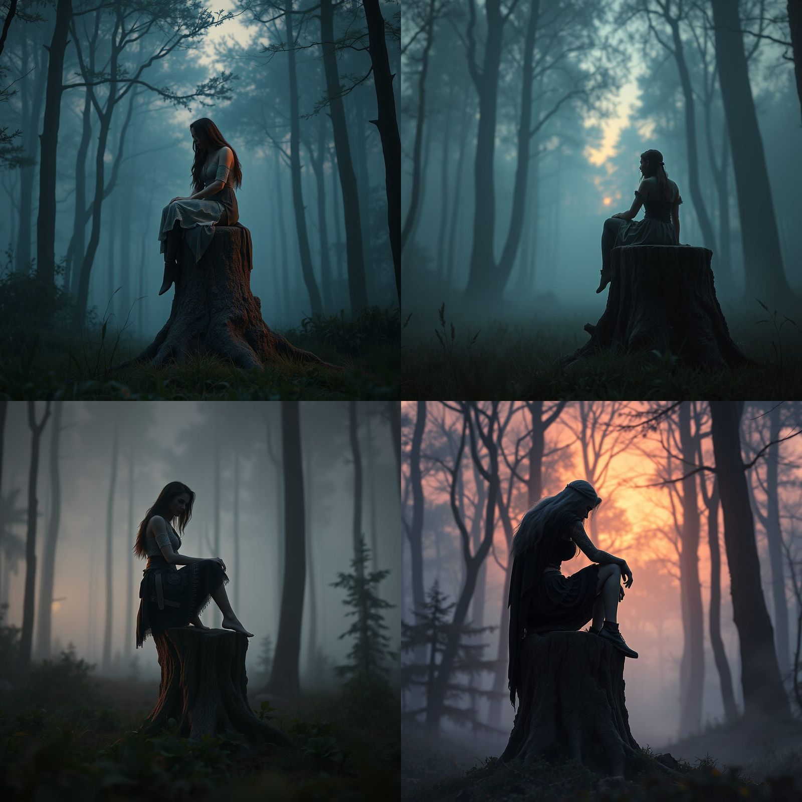 Woman on Stump in Forest, Matte Painting