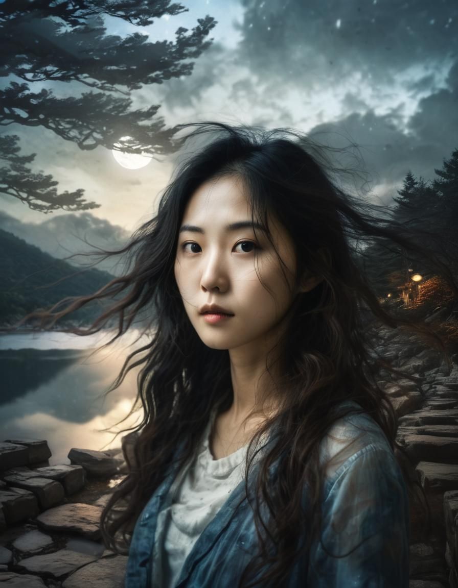 Ethereal Double Exposure: Woman in Windswept Landscape