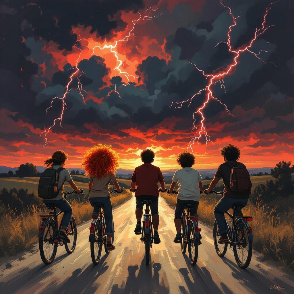 Cyclists Against Red Stormy Sky