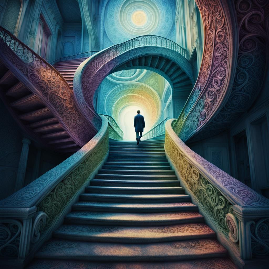 Surreal Figure on Never-Ending Stairway