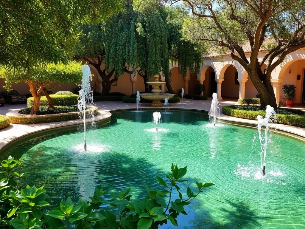 Andalusian Garden with Fountains and Shady Trees
