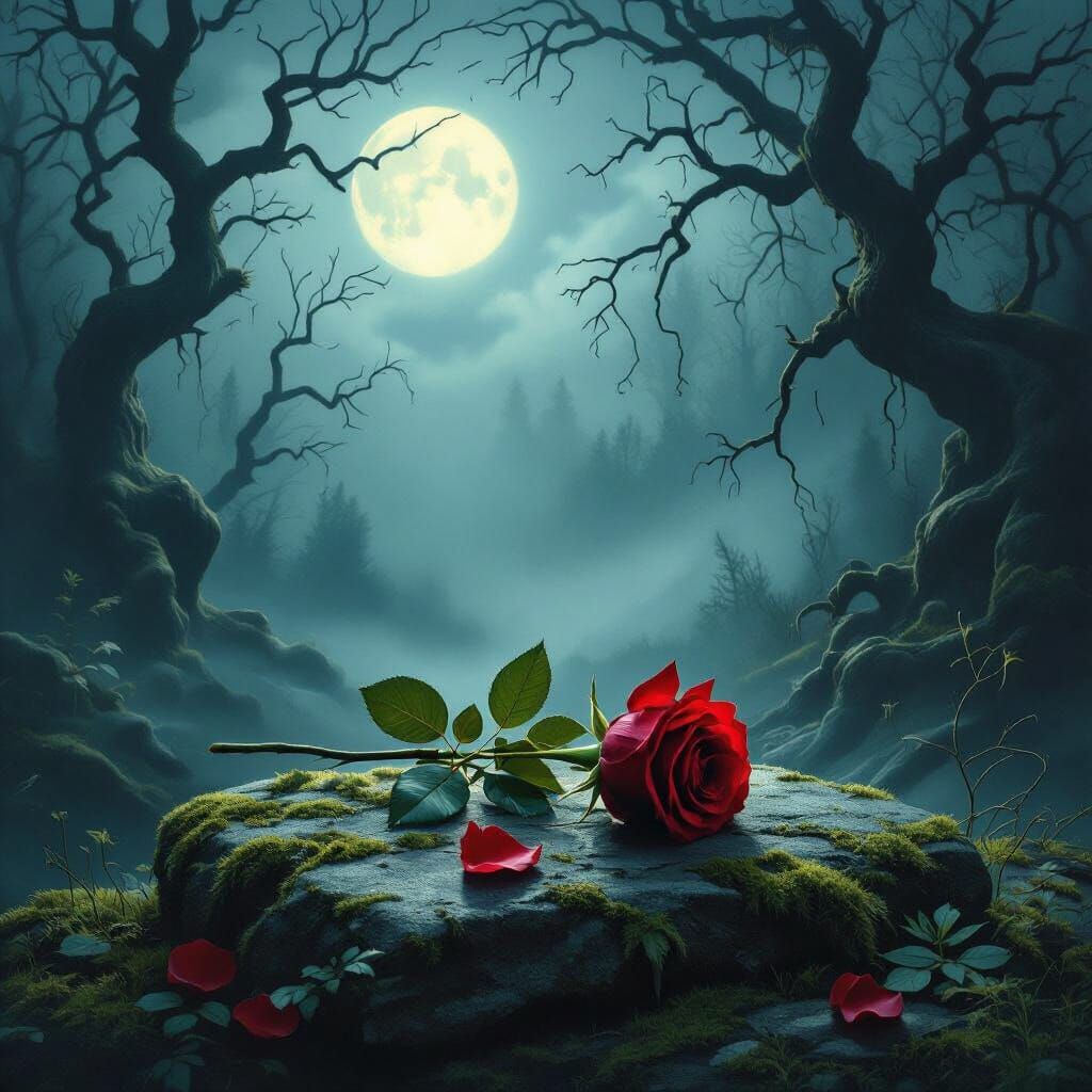Melancholic Moonlight Forest Scene with Wilting Rose