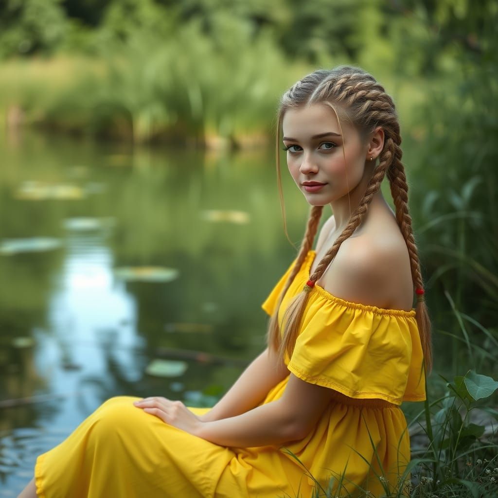 Blonde Woman in Yellow Dress by Pond: Photorealistic Image