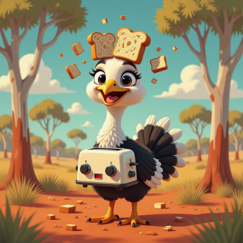 Cartoon Ostrich Toaster Face in Australian Outback