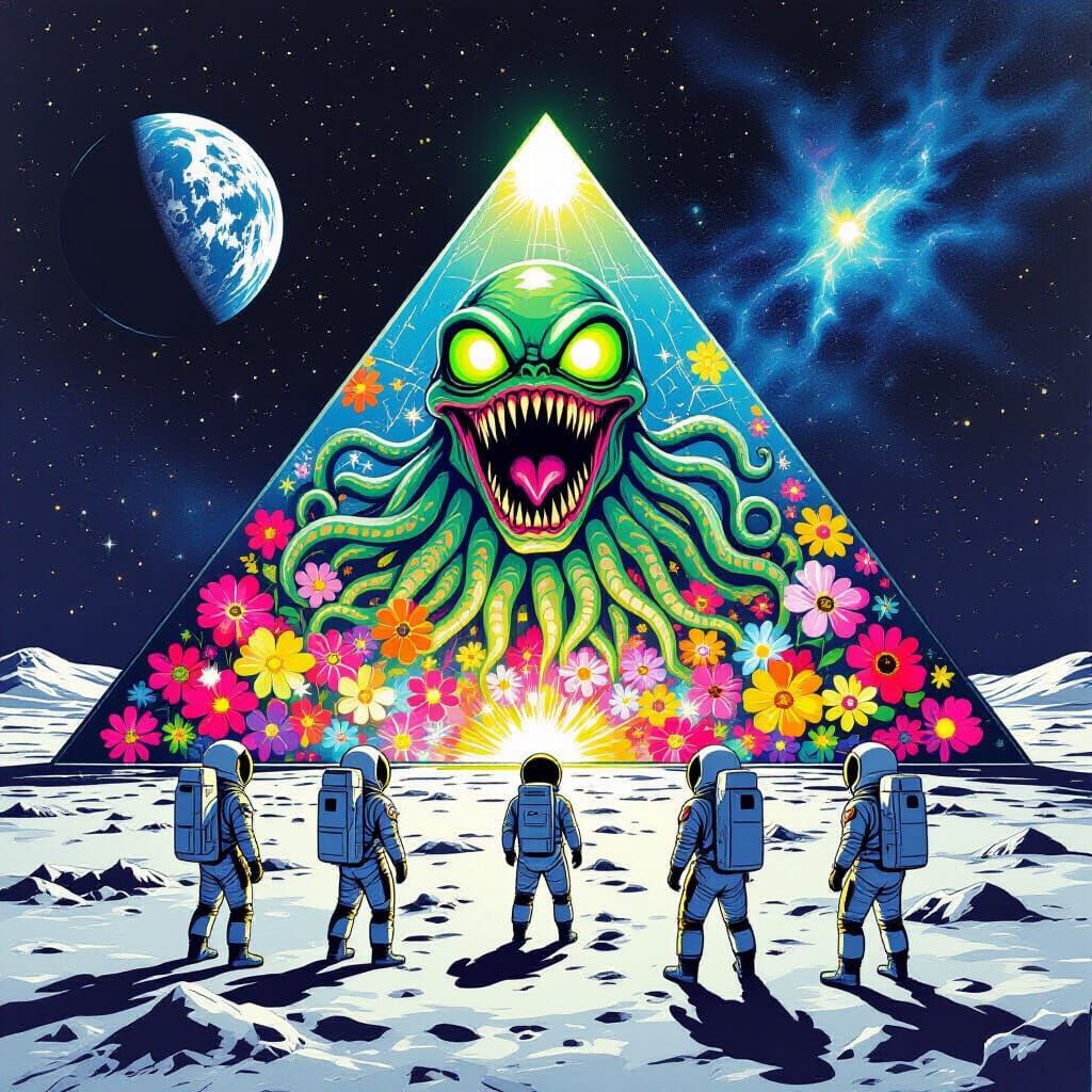 Astronauts Behold Alien Horror on Moon in Pop Art Style