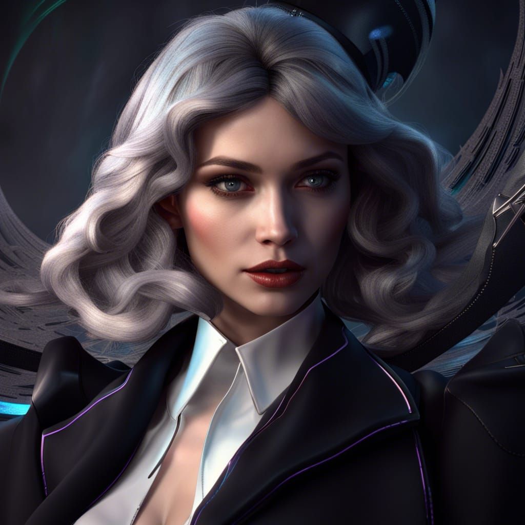 Futuristic Witch Detective in Surreal Cyberpunk Scene