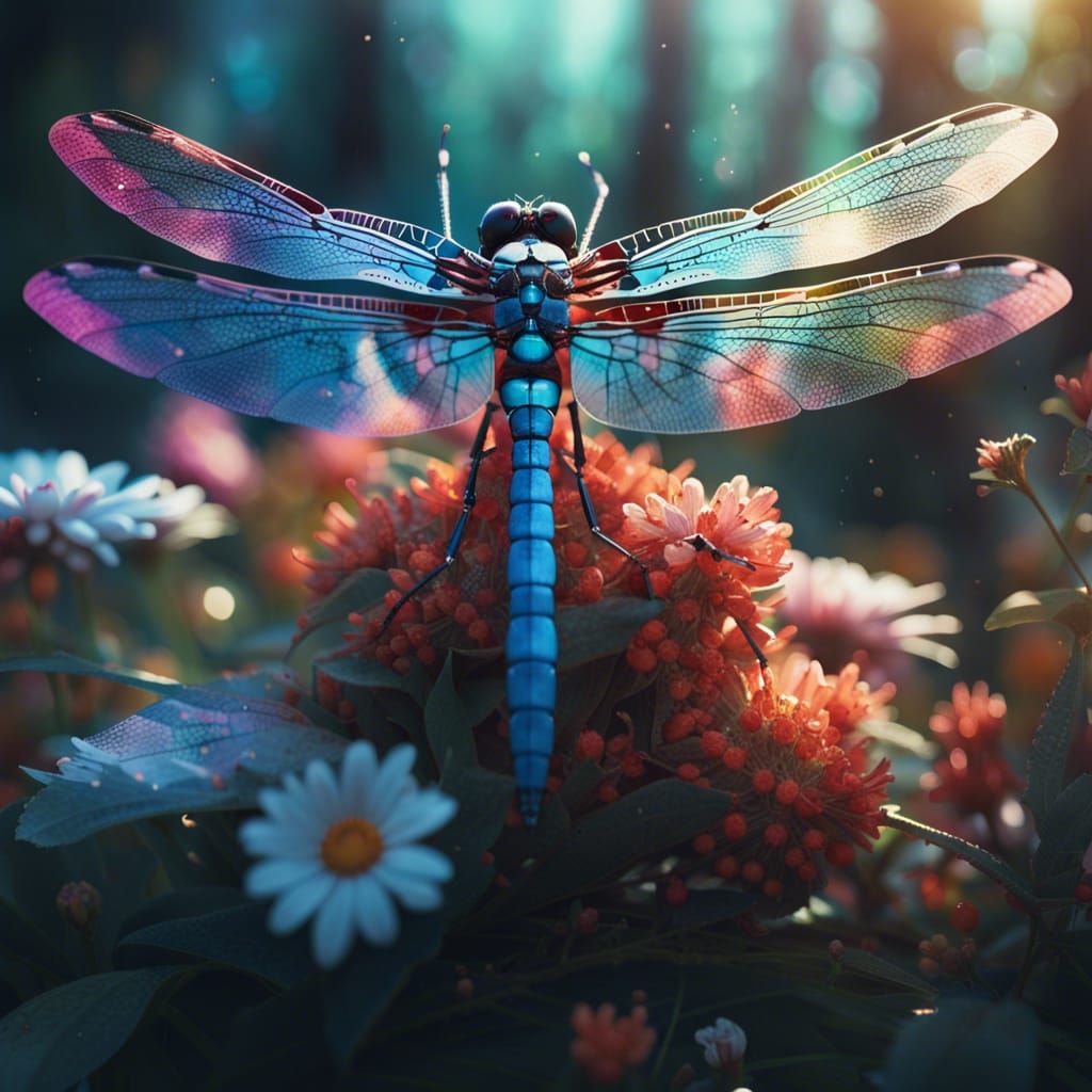 Hyper-Realistic Dragonfly with Cosmic Wings in Forest
