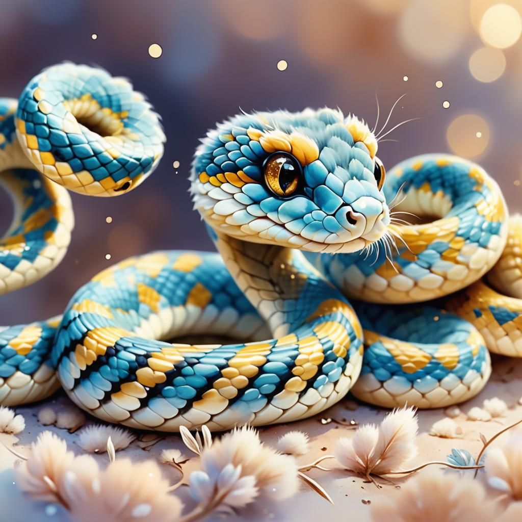 Adorable Furry Baby Snake in Watercolor Style