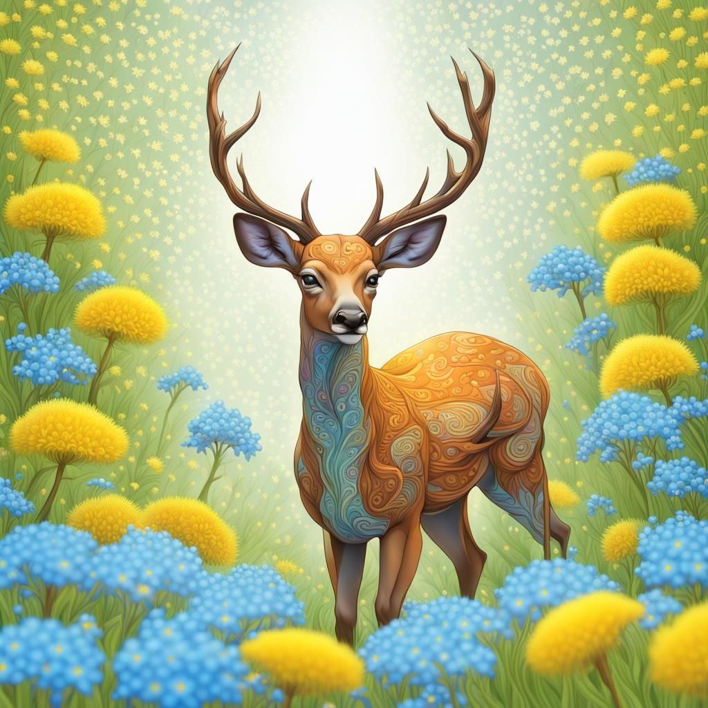Young Deer Among Flowers with Abstract Shading