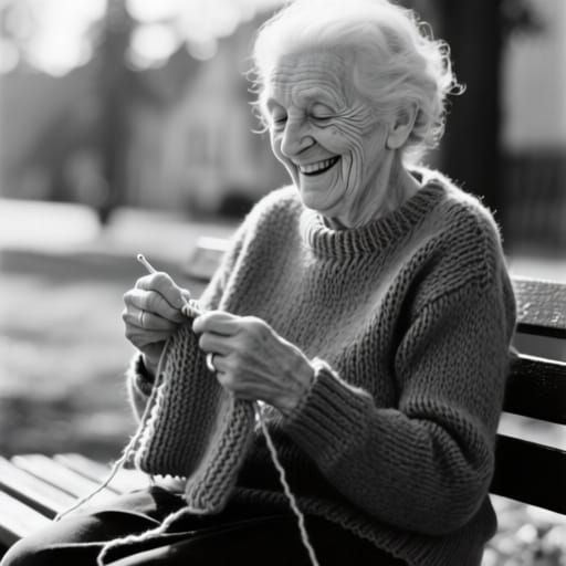 Smiling Elderly Woman Knitting in Sunlight, Black and White ...