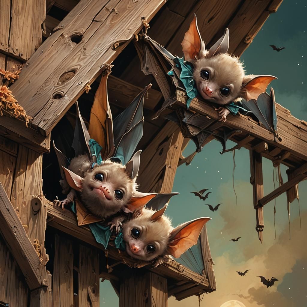 Baby Bat and Mother in Barn, Whimsical Fantasy Art