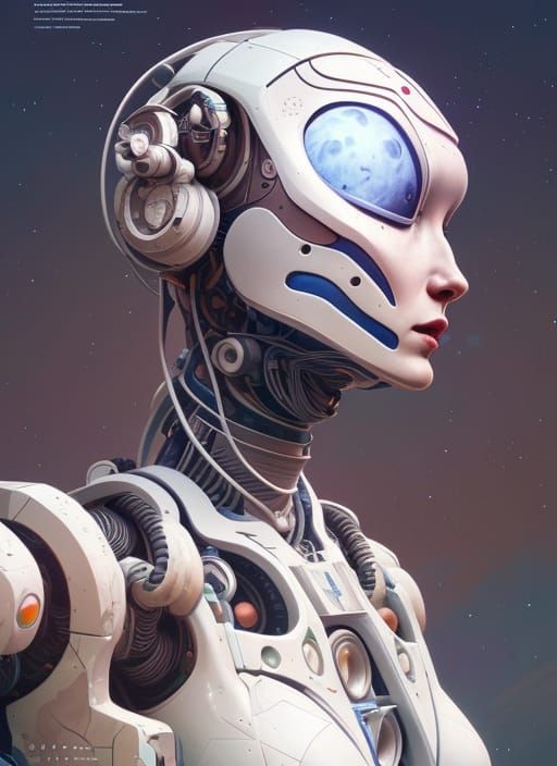 Asymetric Portrait of Female Astronaut in Robotic Suit, Artgerm, Rutkowski, Alphonse Mucha IV