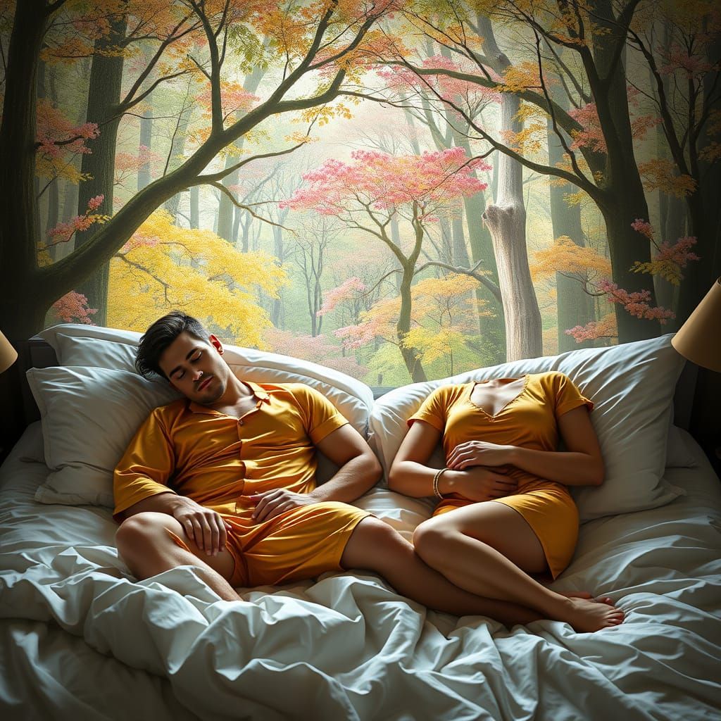 Young Couple Slumbers in Luxurious Hotel Bed Amidst Whimsica...