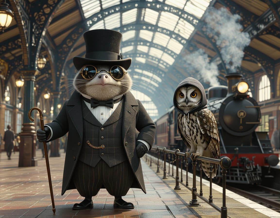 Victorian Gentleman Mole & Owl at Train Station