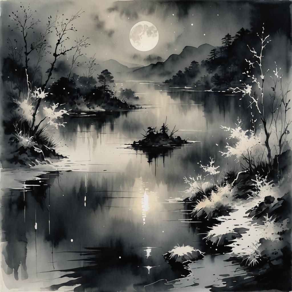 Ethereal Ink Wash Painting of Moonlit Lake
