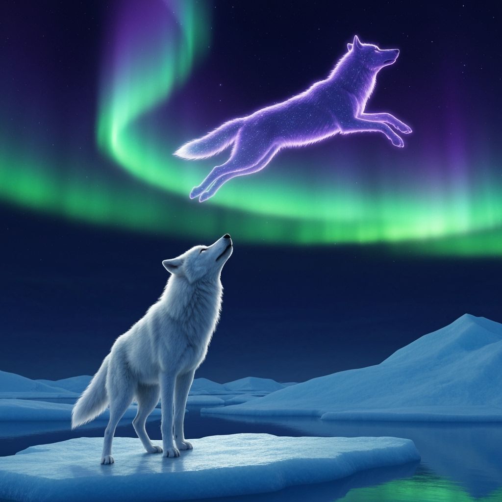 Majestic White Wolf Under Cosmic Aurora