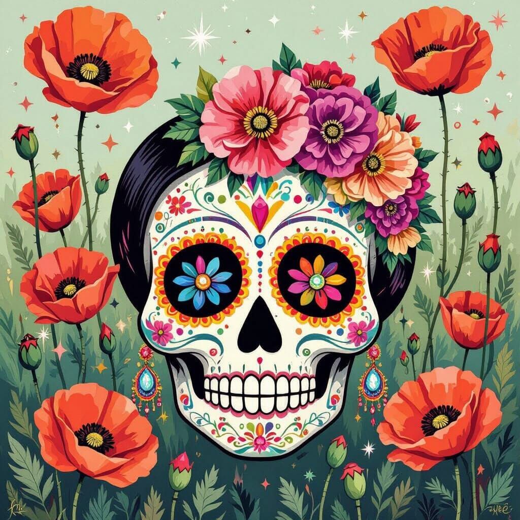 Colorful Sugar Skull with Poppies in Surreal Style