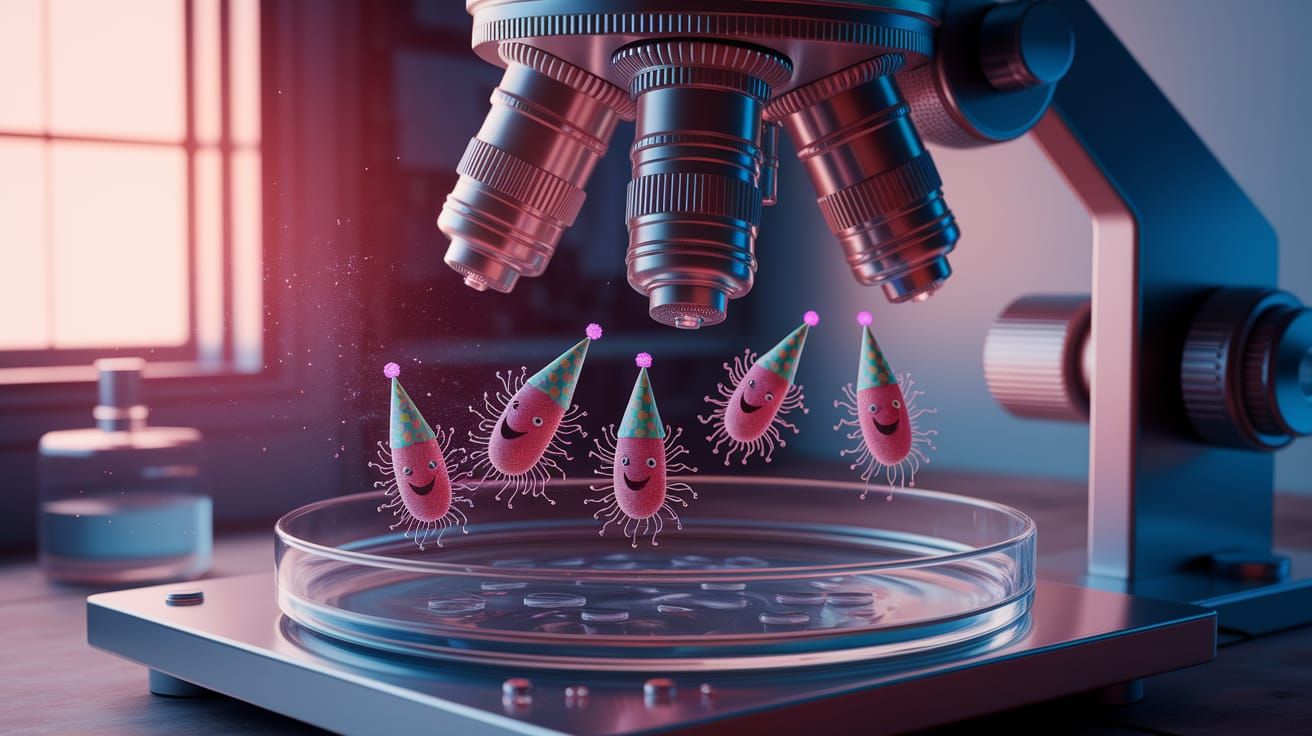 Microbes in Party Hats Rappel Petri Dish on Microscope